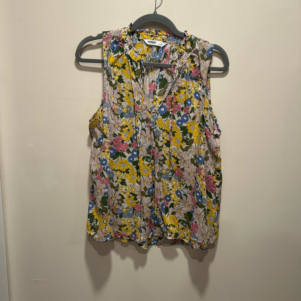 Sonoma Yellow and Purple Sleeveless Blouse with Peter Pan Collar